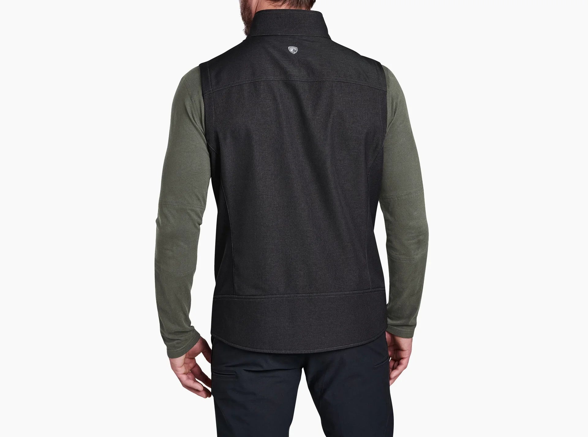 Back view of KUHL IMPAKT™ VEST Durable Comfort black vest with green sleeves on a white background