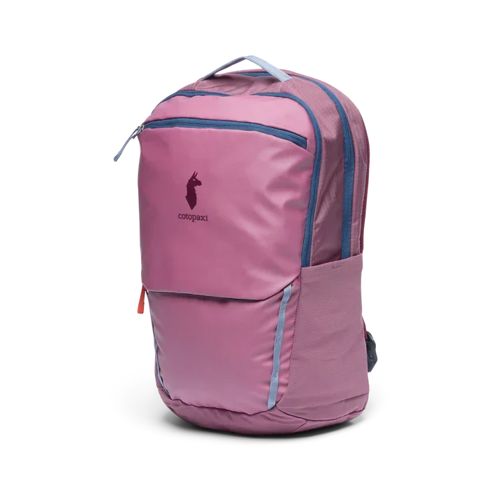 Cotopaxi Allpa 26L Backpack in pink with zippered compartments, side pockets, and padded straps.