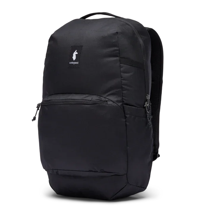 Cotopaxi Chiquillo 26L Black Backpack in multicolor recycled fabric with zippered compartments, side pockets, and padded straps.