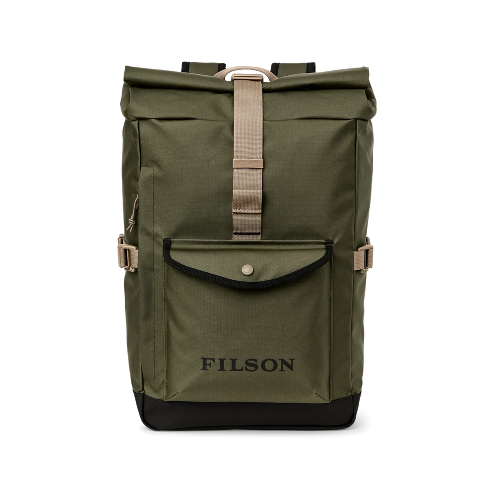 Filson Scout Backpack in green recycled fabric with zippered compartments, side pockets, and padded straps.