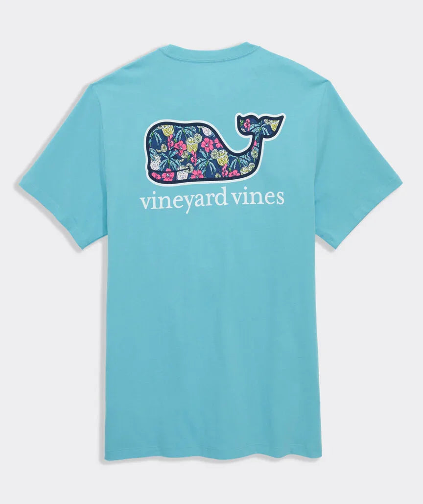 Vineyard Vines Florita Palms Whale Short Sleeve Pocket Tee in white with tropical palm print whale logo and chest pocket.