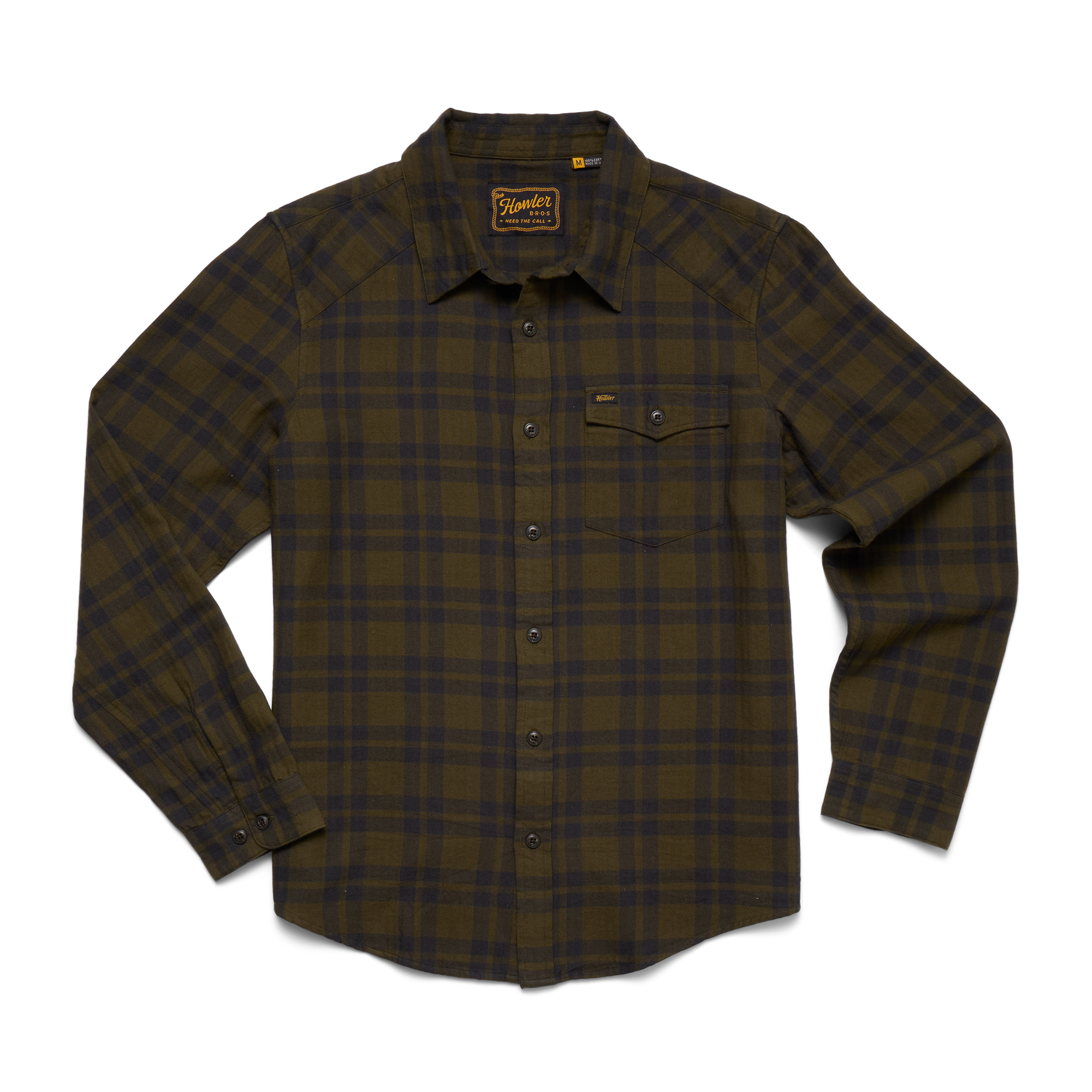 Plaid shirt with a Howler brand label on a white background for men's wear.