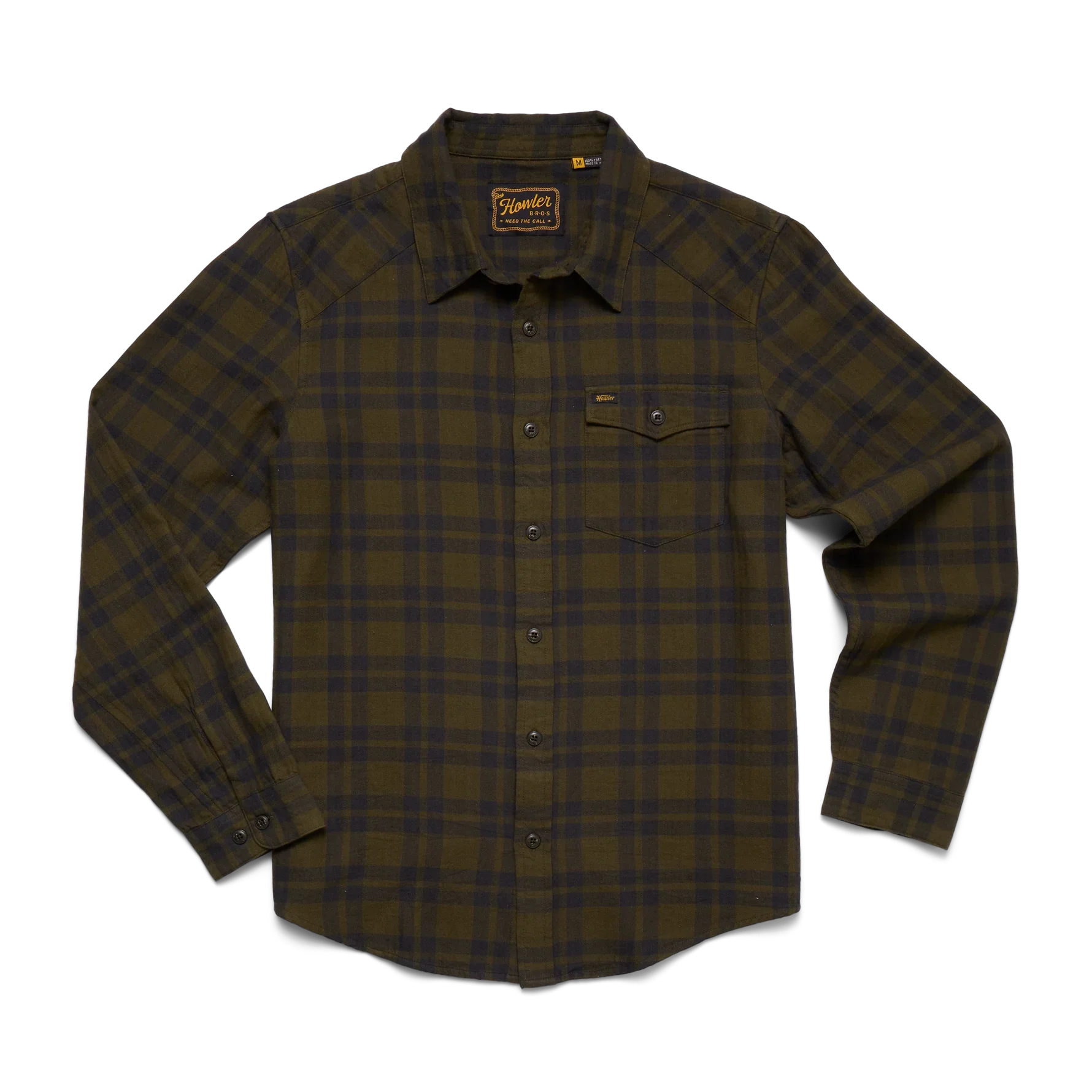 Plaid shirt with a Howler brand label on a white background for men's wear.