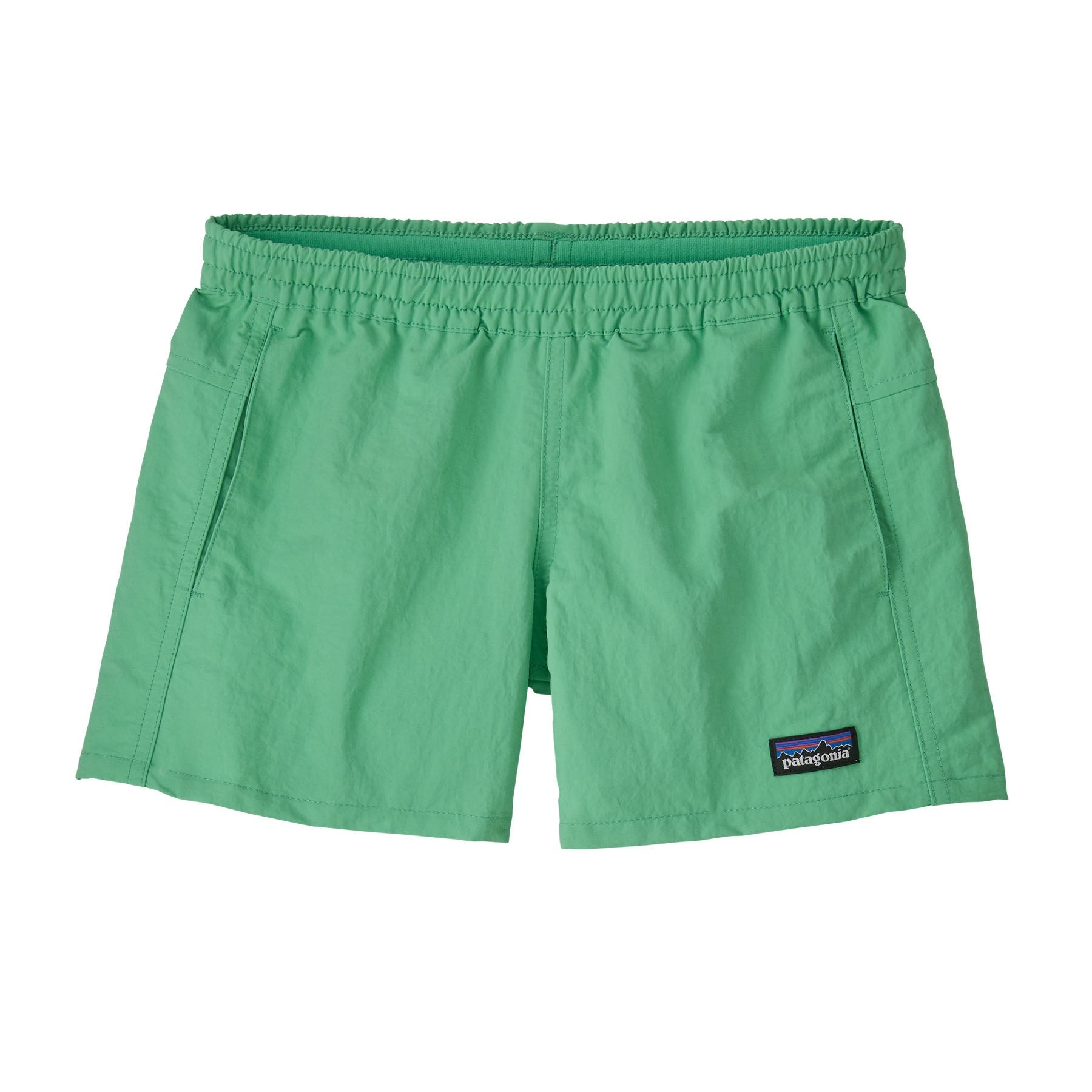 Patagonia Kids Baggies™ 4" Unlined Shorts in bright green with elastic waistband and quick‑dry fabric.