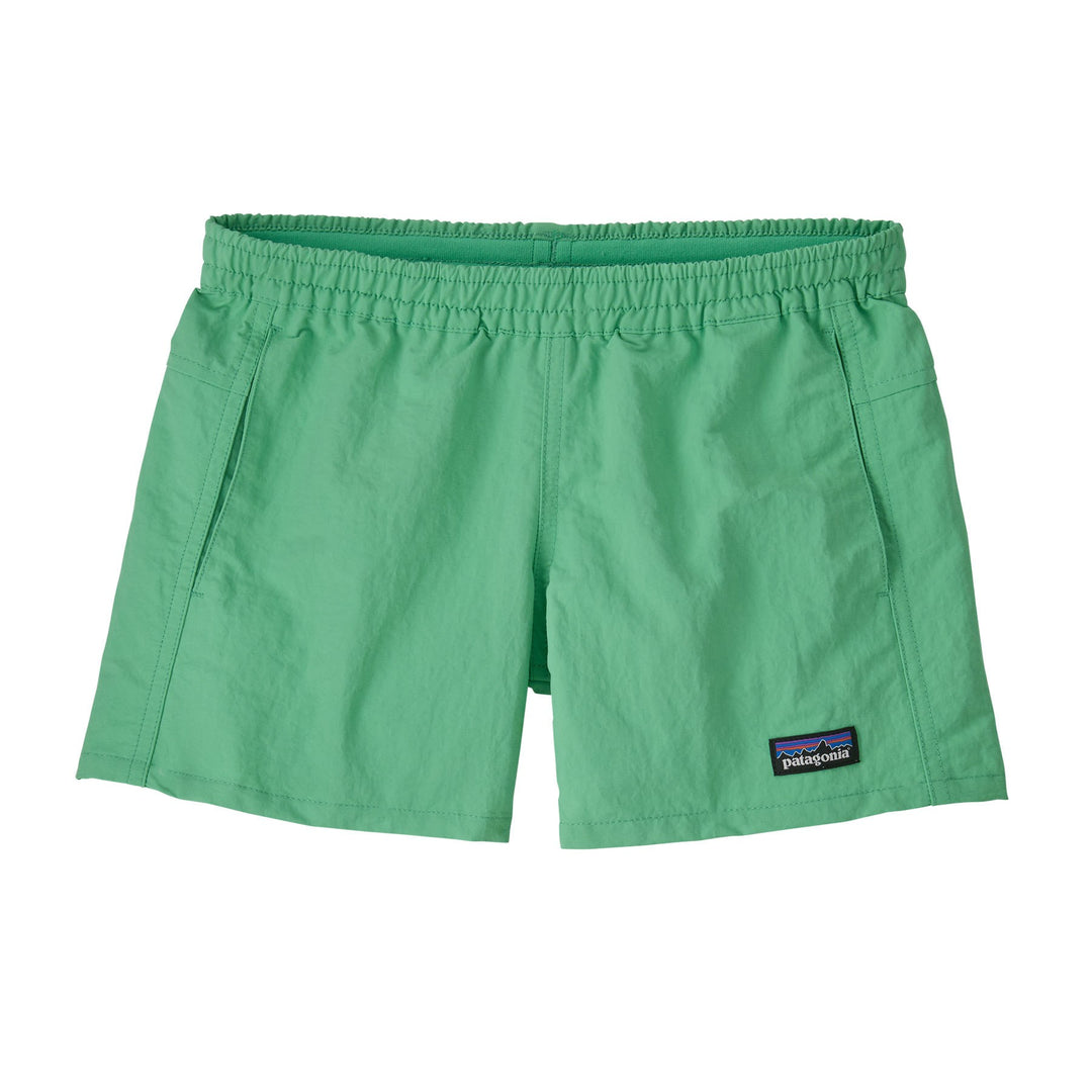 Patagonia Kids Baggies™ 4" Unlined Shorts in bright green with elastic waistband and quick‑dry fabric.