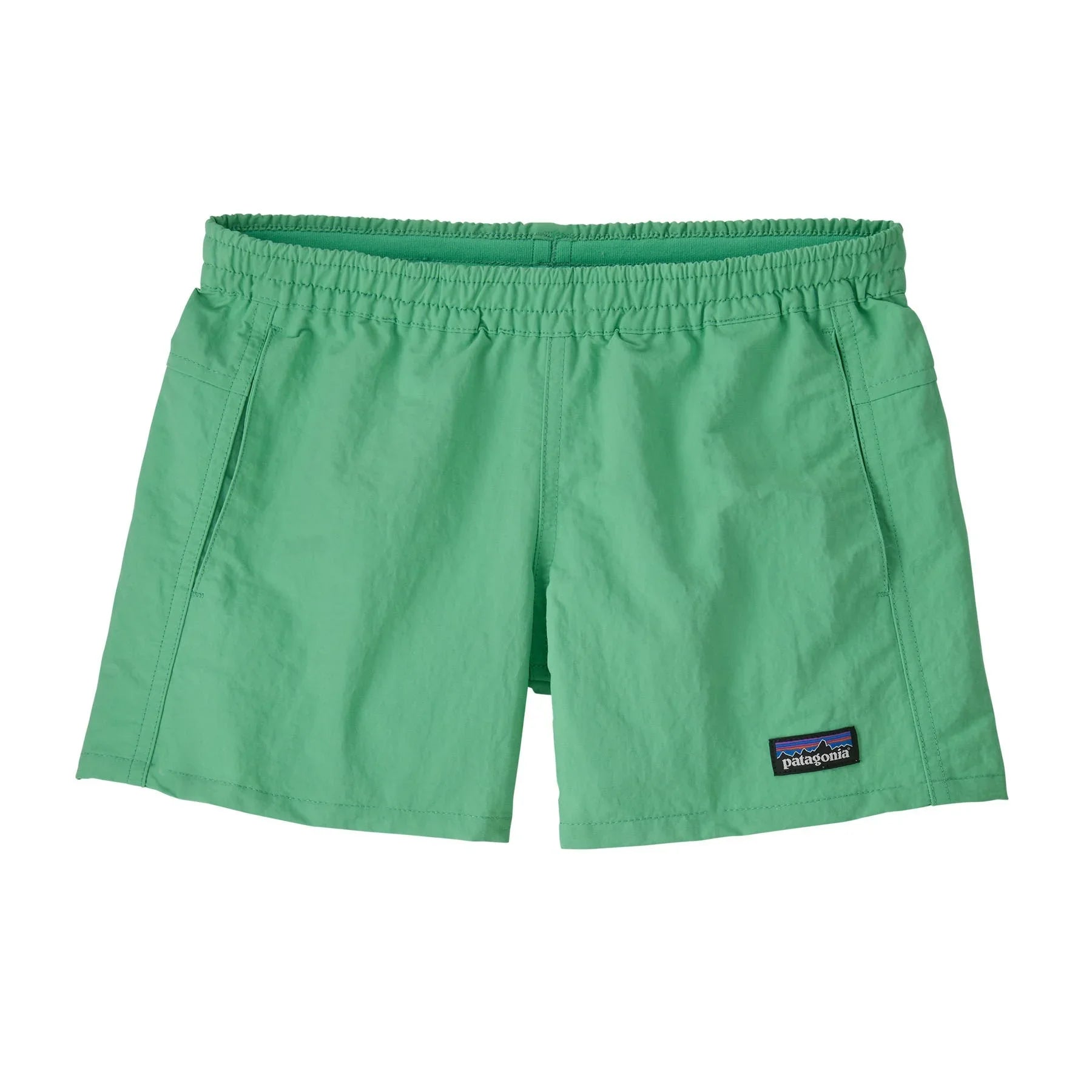 Patagonia Kids Baggies™ 4" Unlined Shorts in bright green with elastic waistband and quick‑dry fabric.