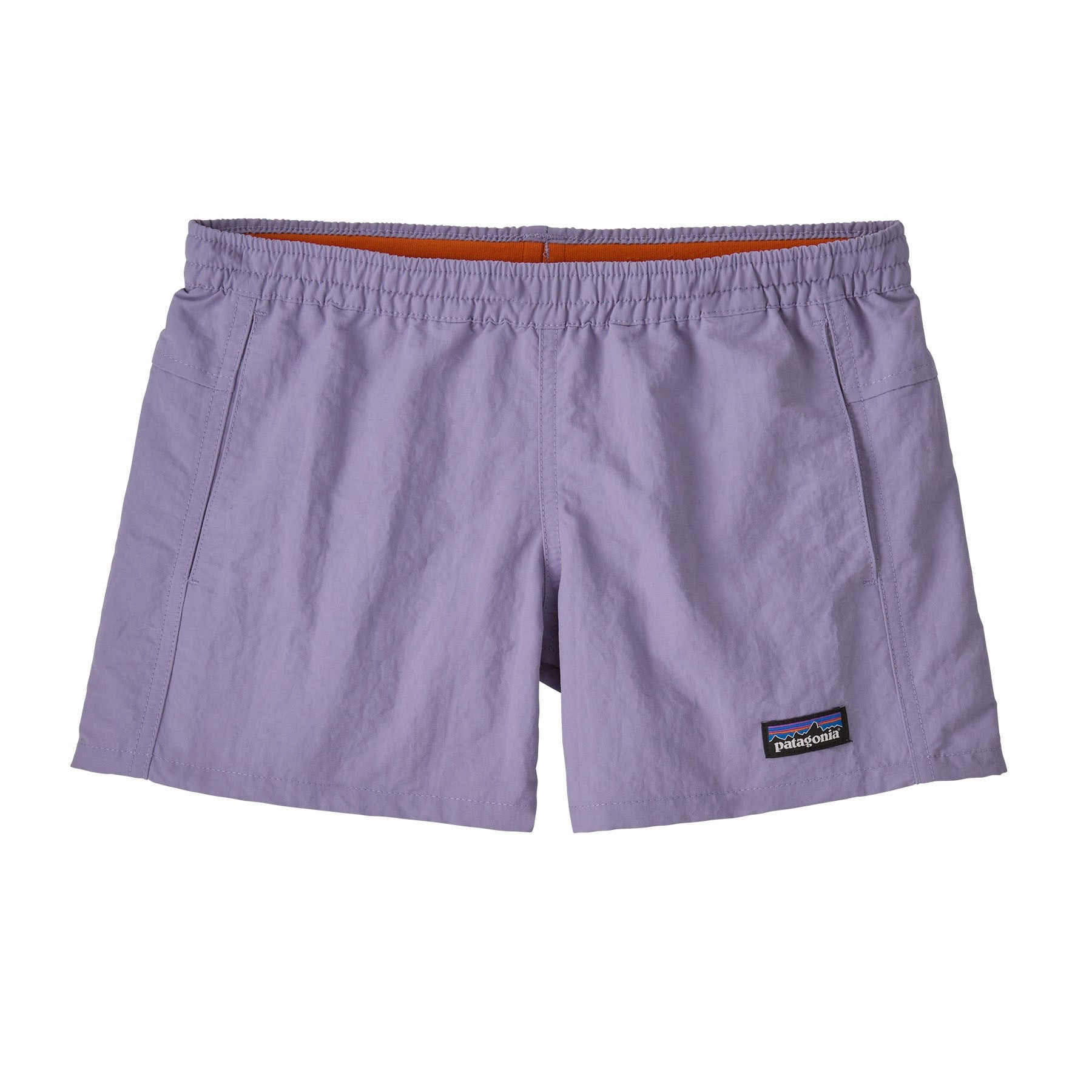 Patagonia Kids Baggies™ 4" Unlined Shorts in bright purple with elastic waistband and quick‑dry fabric.