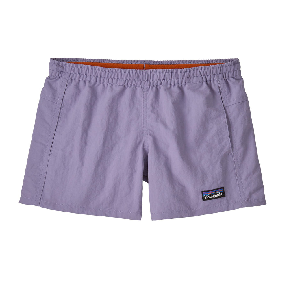 Patagonia Kids Baggies™ 4" Unlined Shorts in bright purple with elastic waistband and quick‑dry fabric.