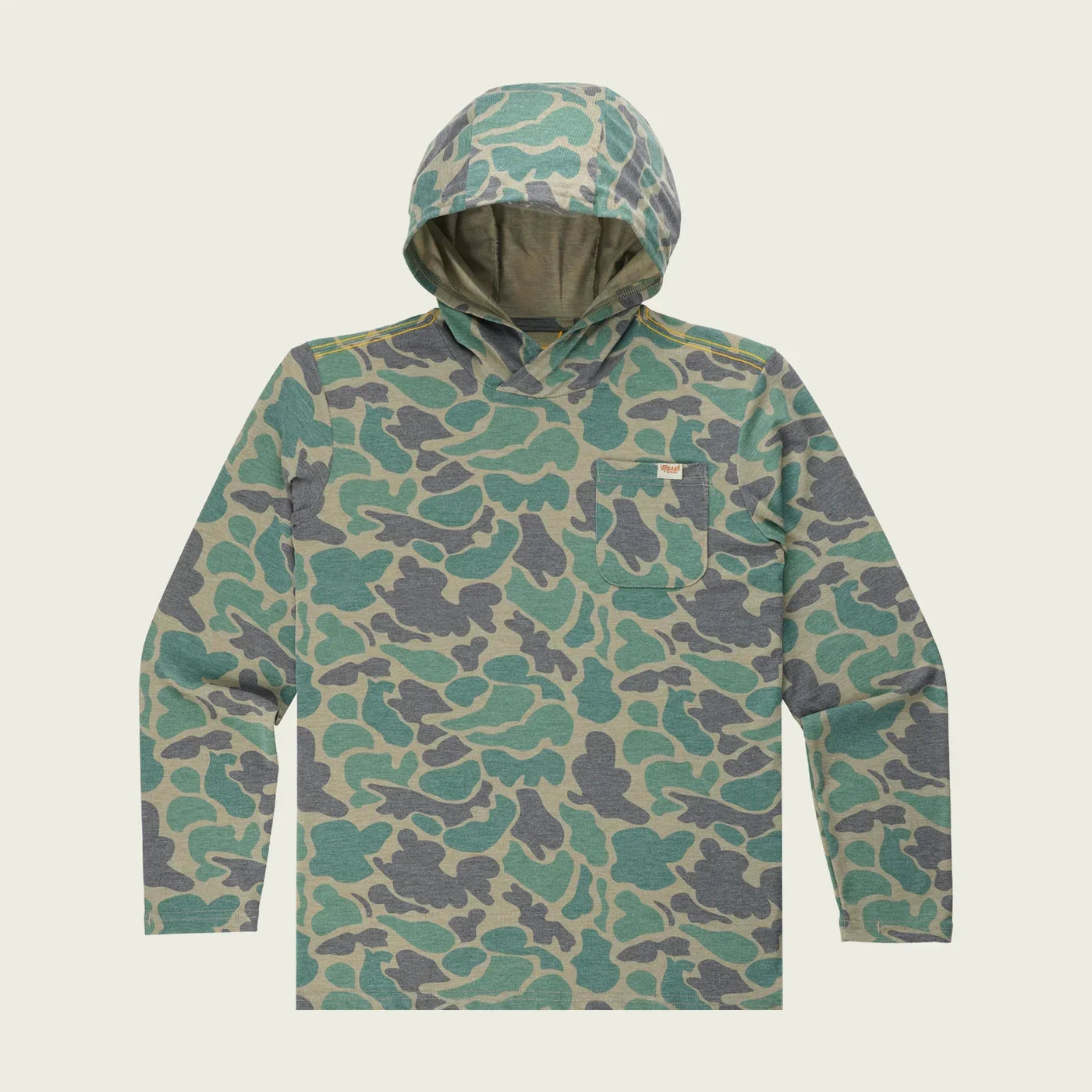 Front view  of Marsh Wear Buxton Tech Hoodie in Camo with long sleeves, hood, and performance fabric perfect for outdoor comfort.