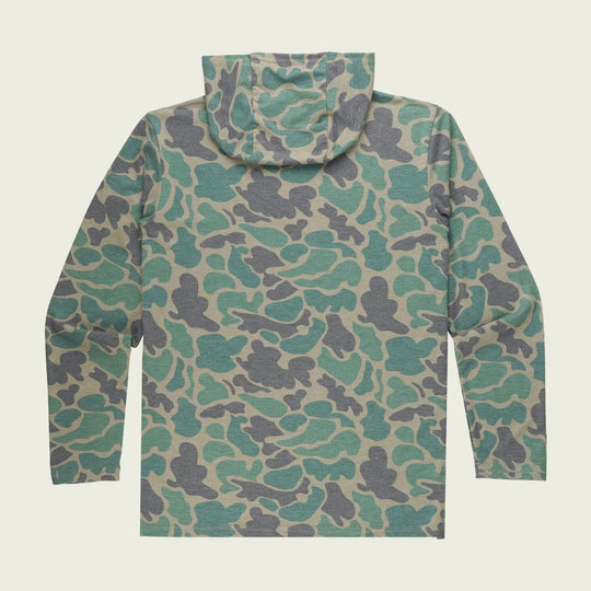 Back view  of Marsh Wear Buxton Tech Hoodie in Camo with long sleeves, hood, and performance fabric perfect for outdoor comfort.