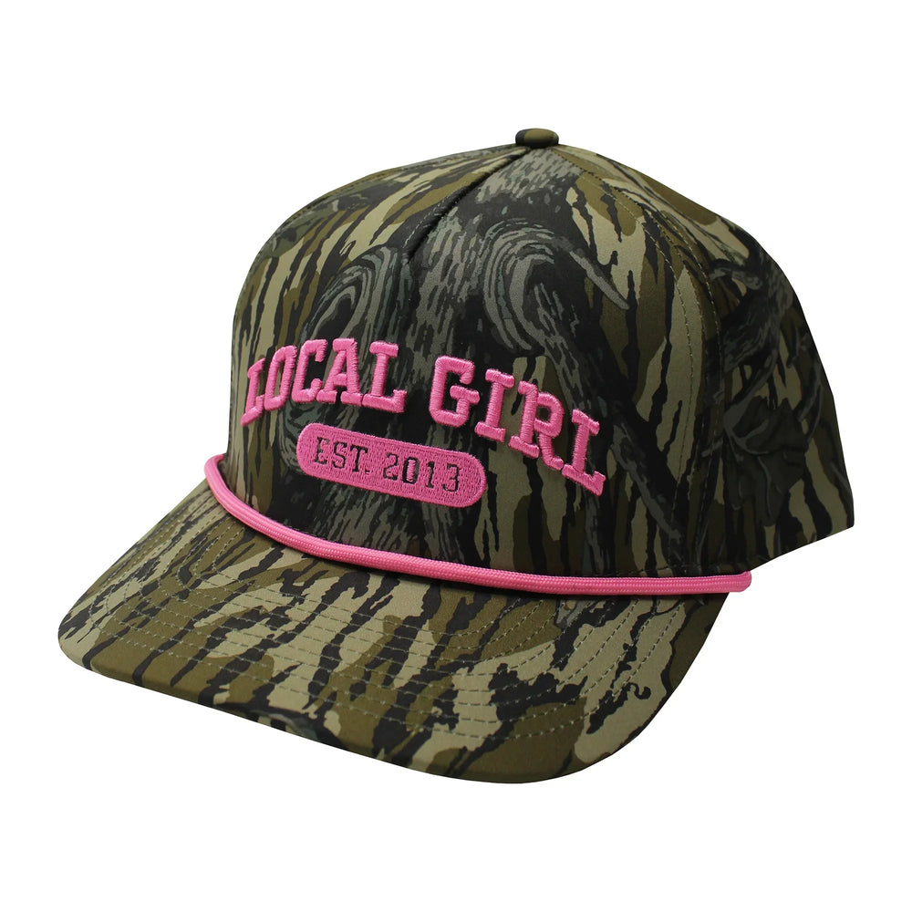 Adjustable Fit  Camouflage cap with pink accents and 'LOCAL GIRL EST. 2013' text for outdoor adventures and everyday wear. 