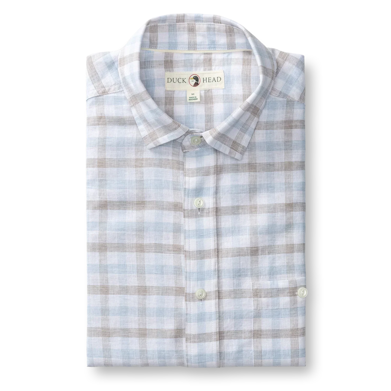 Folded plaid shirt with 'Duck Head' label, polo stripes, with button‑down collar and chest pocket for formal wear or outdoor