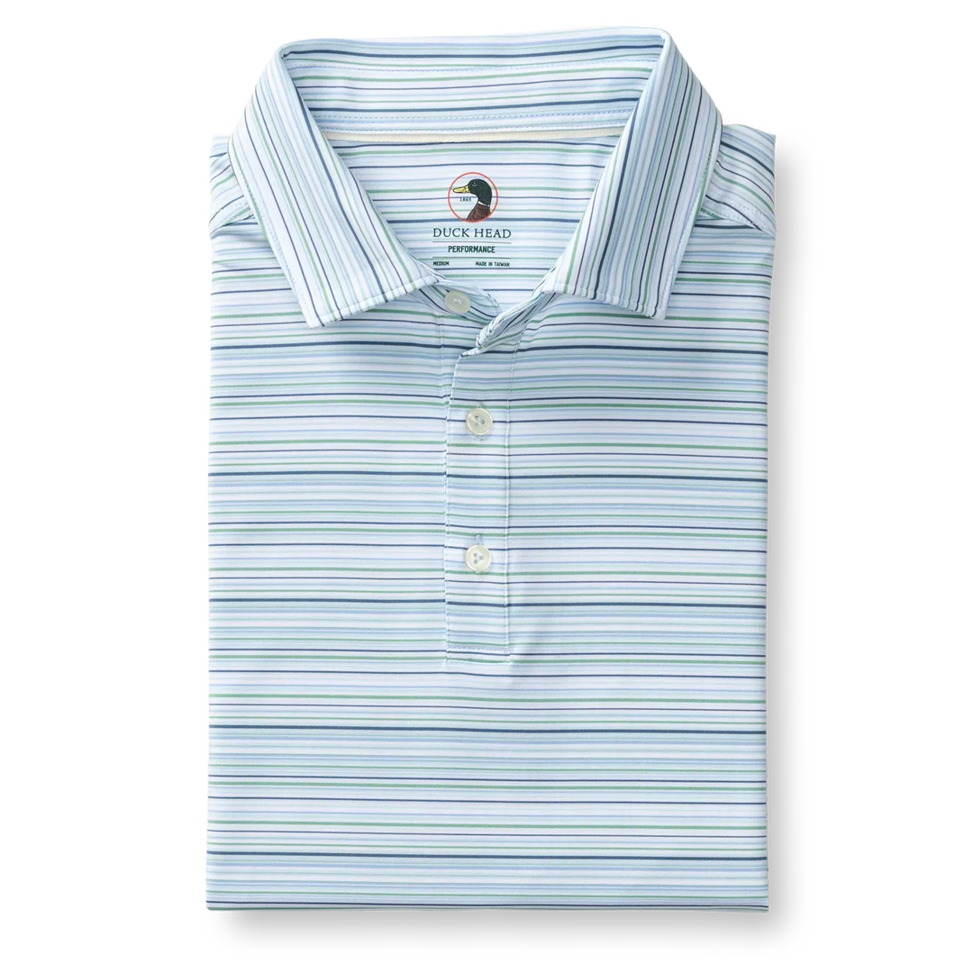 Duck Head Men Performance Classic Comfort Polo Shirt- Blue and White Stripe