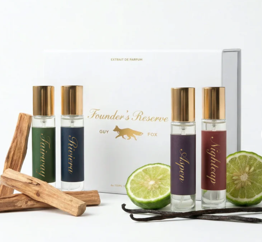Guy Fox Unisex Perfume Travel Set Signature Scent On the Go- Four perfume bottles with gold caps.