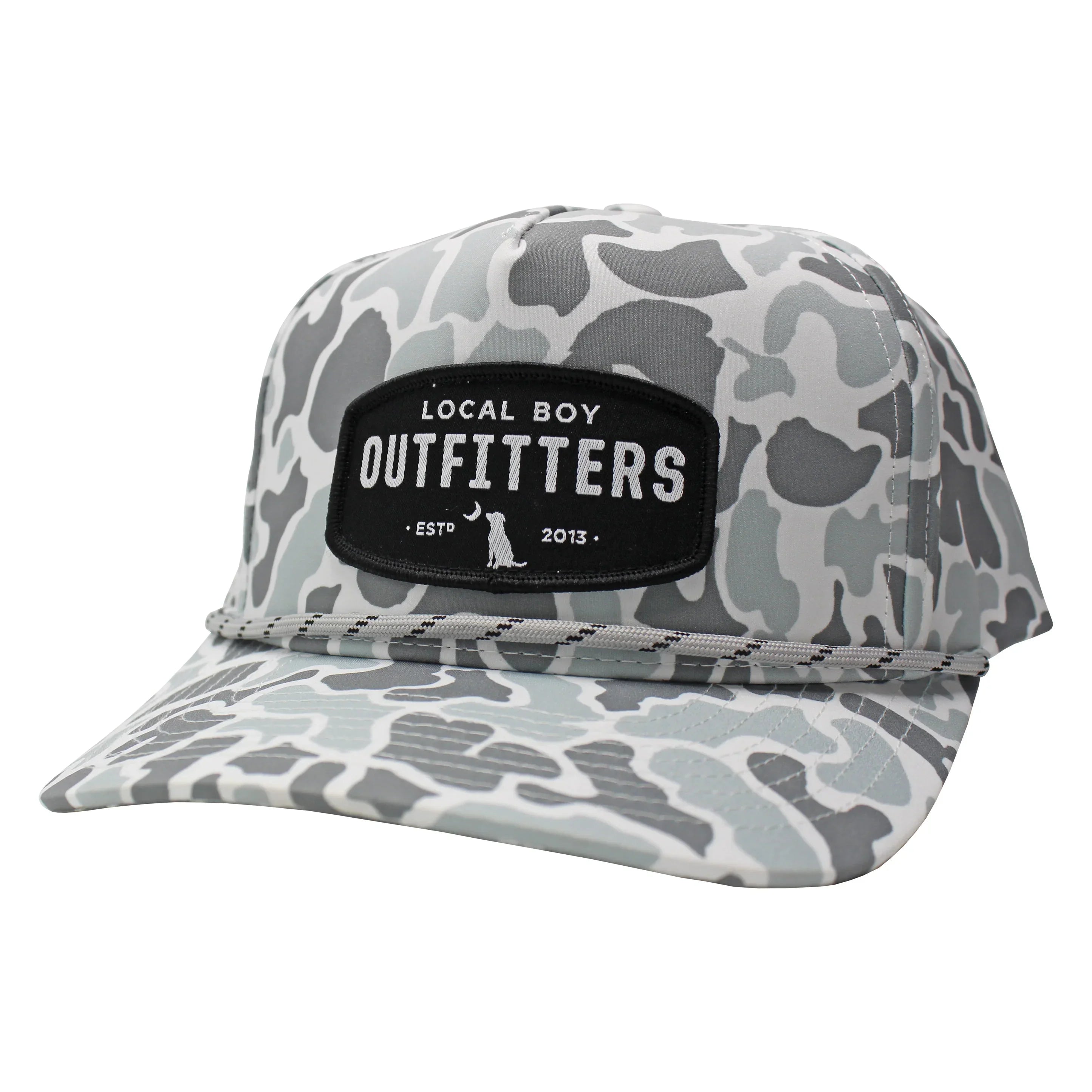 Local Boy Youth Woven Patch High Crown Rope Camo Cap with woven logo patch on front panel and rope detail across brim.