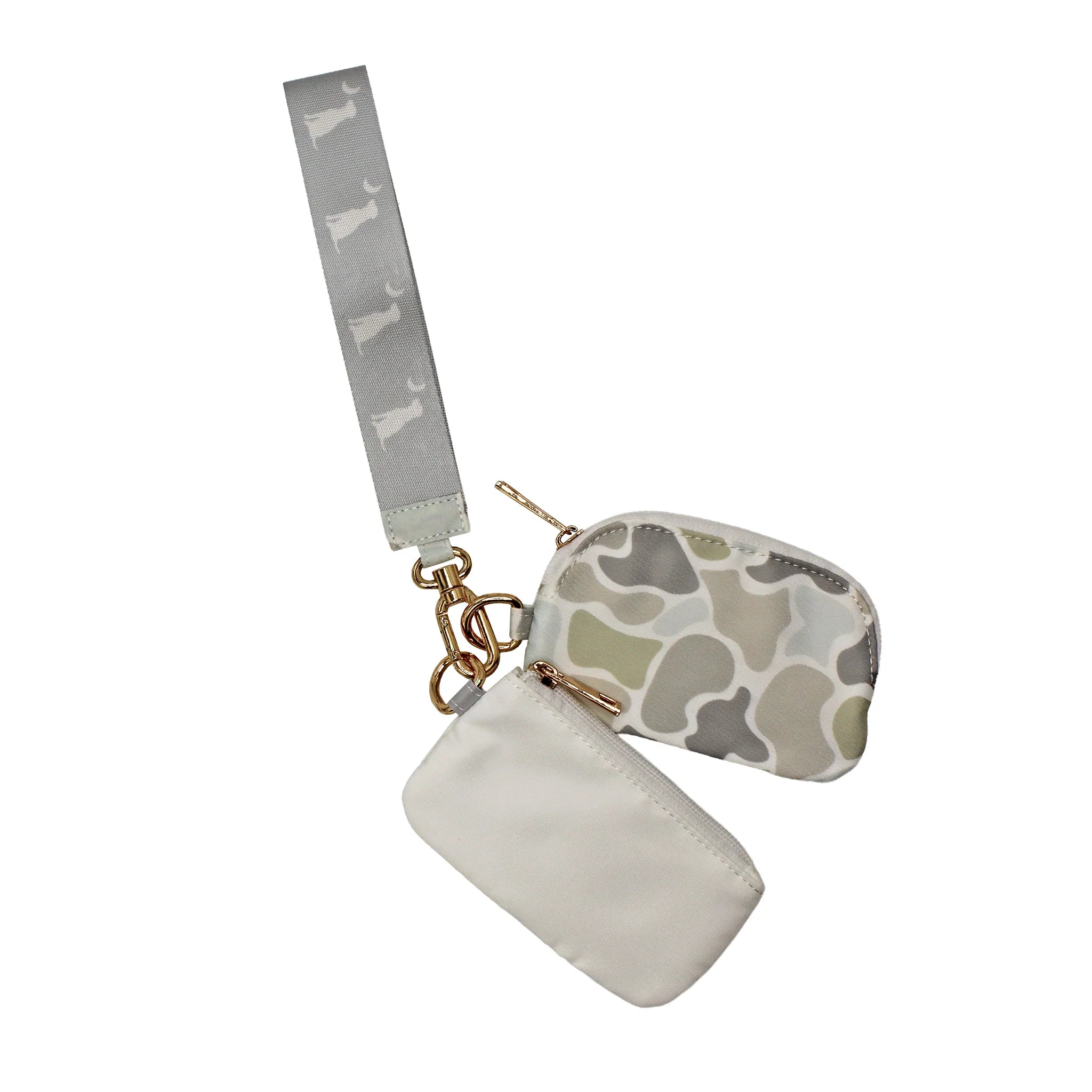 Women's Local Girl Dual Wristlet White pouch with camouflage-patterned strap and pouch with dual compartments perfect for casual outings, travel, or everyday wear.