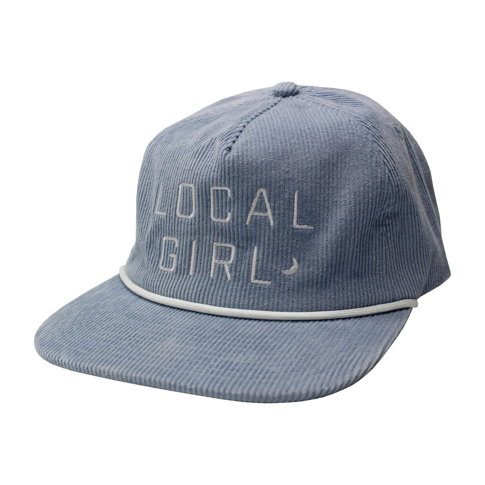 Local Girl Crescent Corduroy Blue Hat with adjustable strap at back.