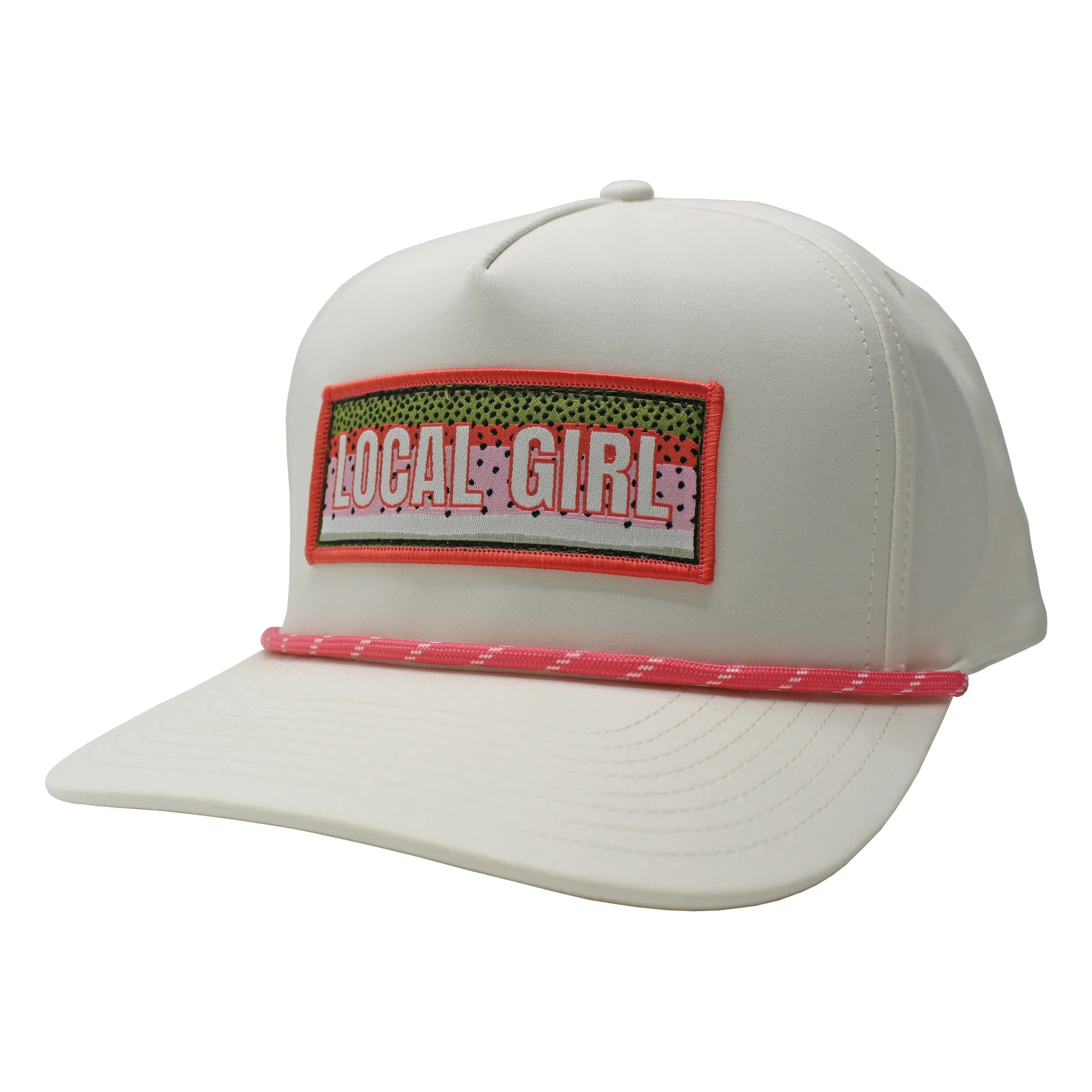 Adjustable Fit  White cap with 'LOCAL GIRL' logo for outdoor adventures and everyday wear. 