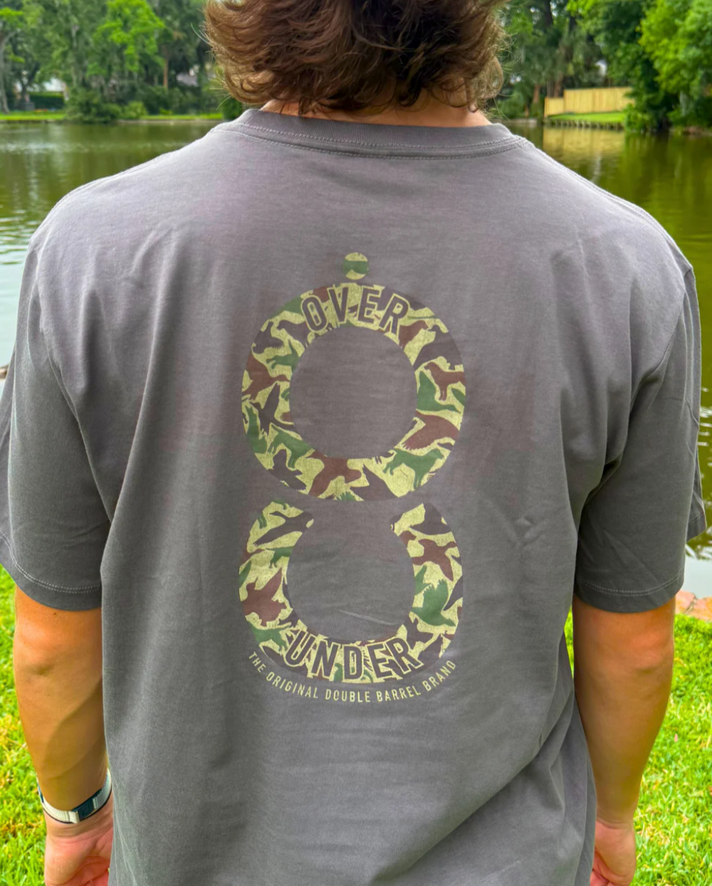 Man wearing Over Under Unisex 8 Double Barrel Camo Comfort T-shirt- Grey Back View