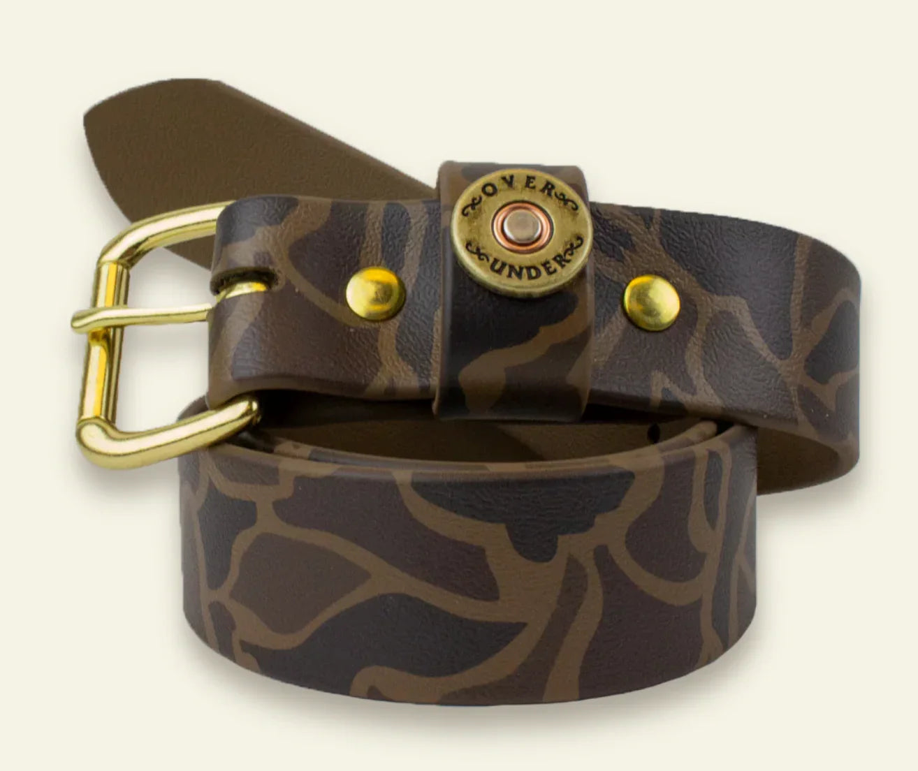 Over Under Unisex Waterproof Outdoor Leather Camo Belt- Brown with Gold Buckle