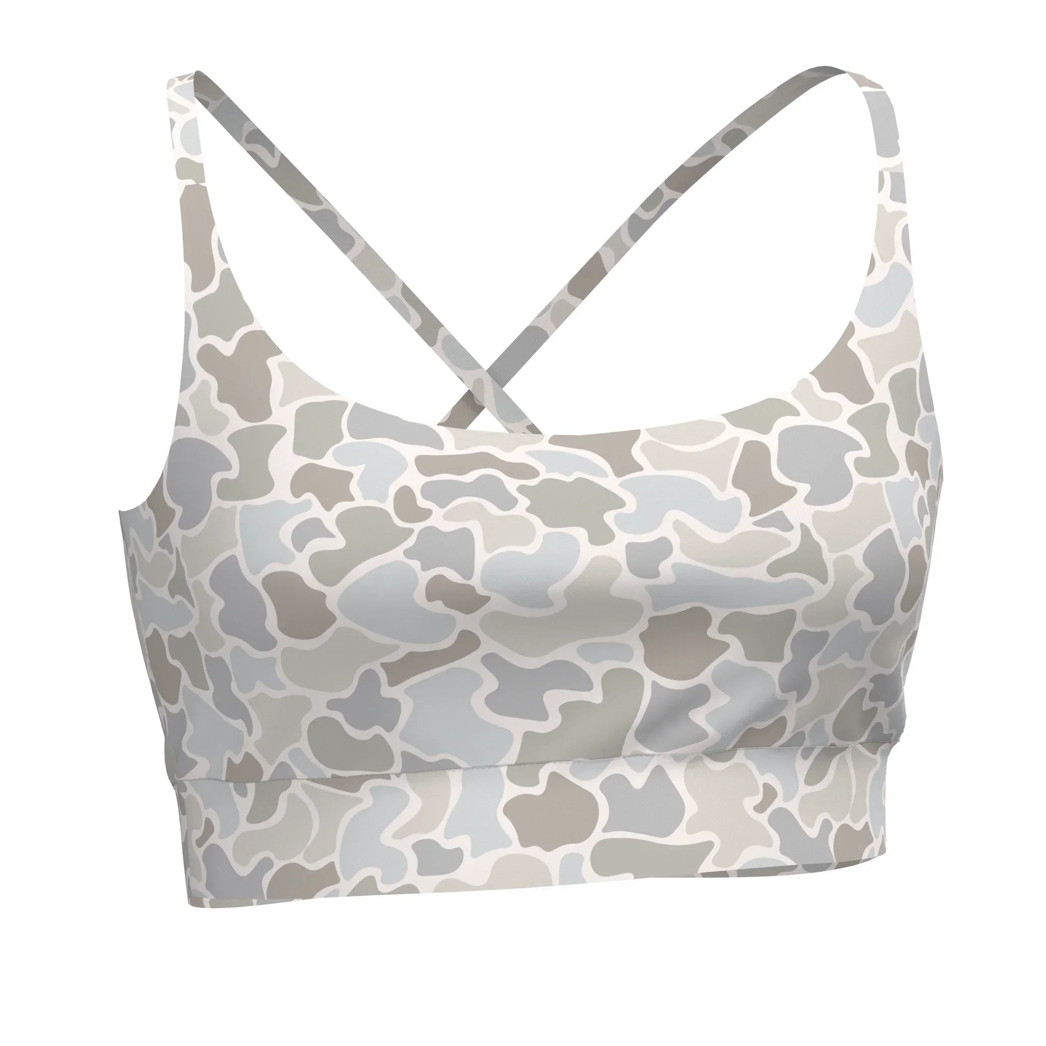 Local Girl Sports Bra in white camo with racerback design, stretch fabric, and supportive fit for active and casual wear.