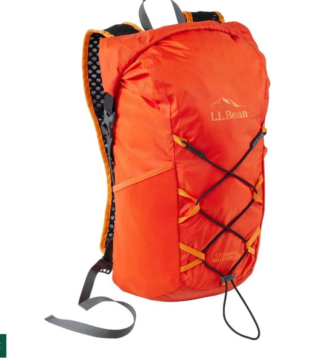 Front view of L.L.Bean Stowaway Waterproof Pack in orange with zippered compartments, adjustable straps, and lightweight waterproof fabric.