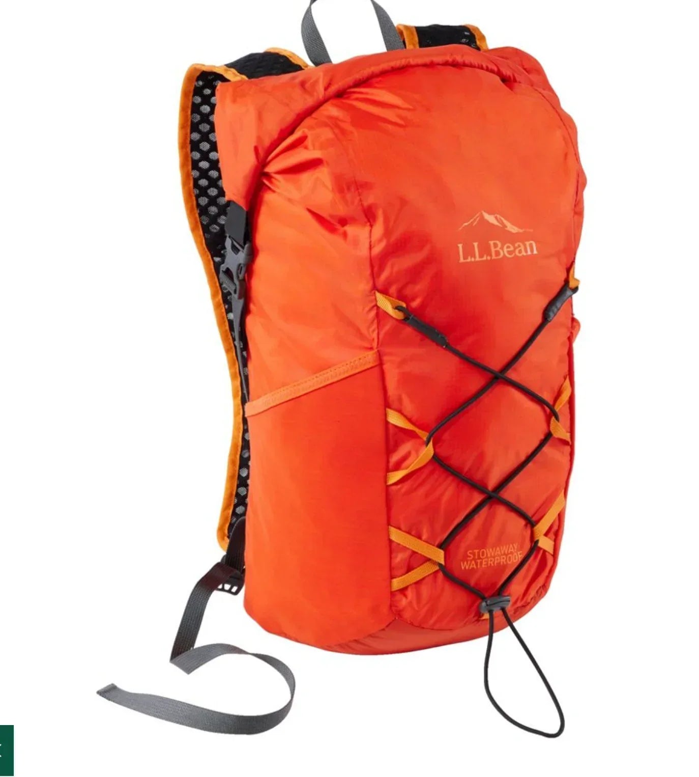 Front view of L.L.Bean Stowaway Waterproof Pack in orange with zippered compartments, adjustable straps, and lightweight waterproof fabric.