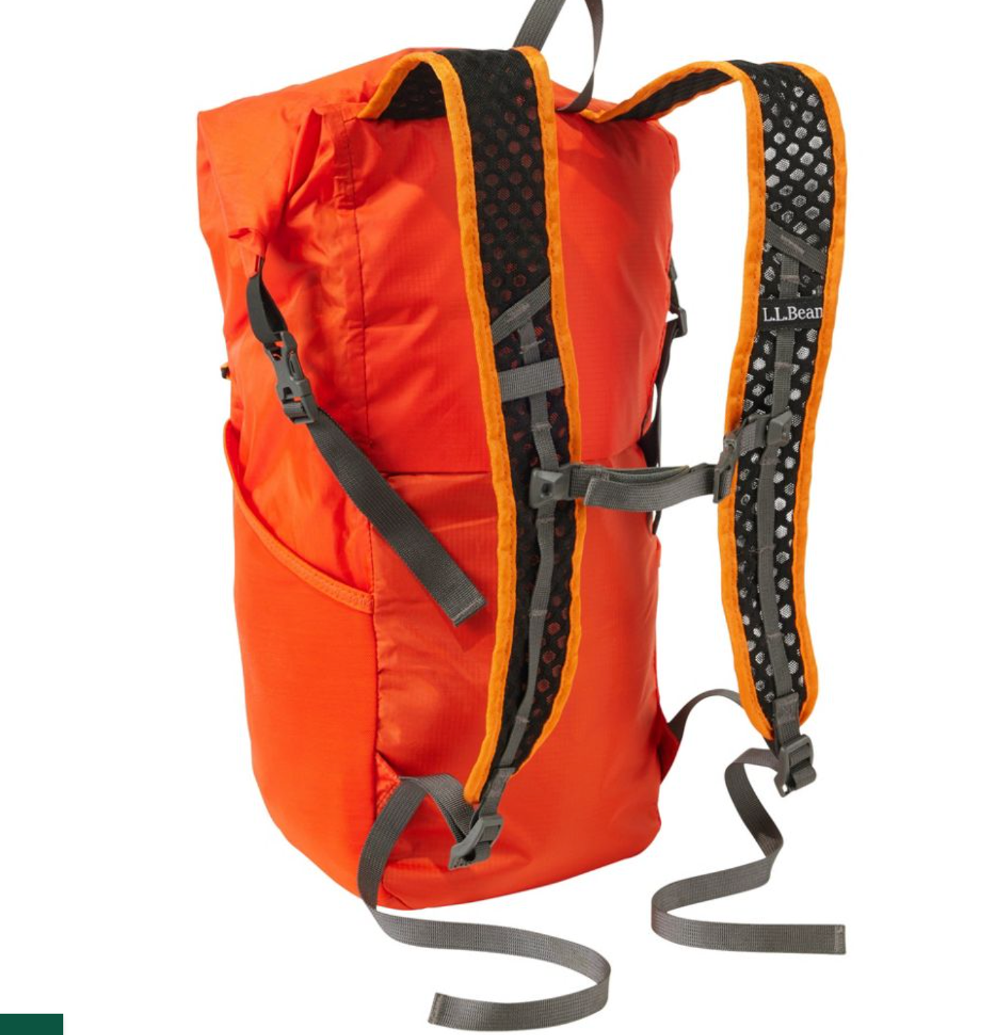 Back view of L.L.Bean Stowaway Waterproof Pack in orange with zippered compartments, adjustable straps, and lightweight waterproof fabric.