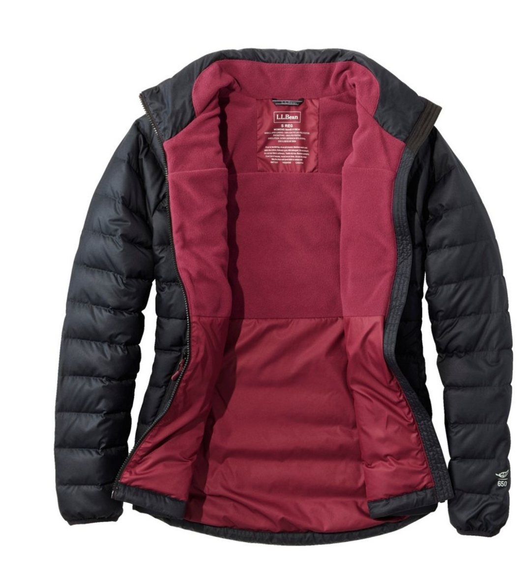 LL Bean Women’s Bean’s Down Jacket in black with center front zipper, fleece lining, and two zippered hand pockets for warmth and durability.