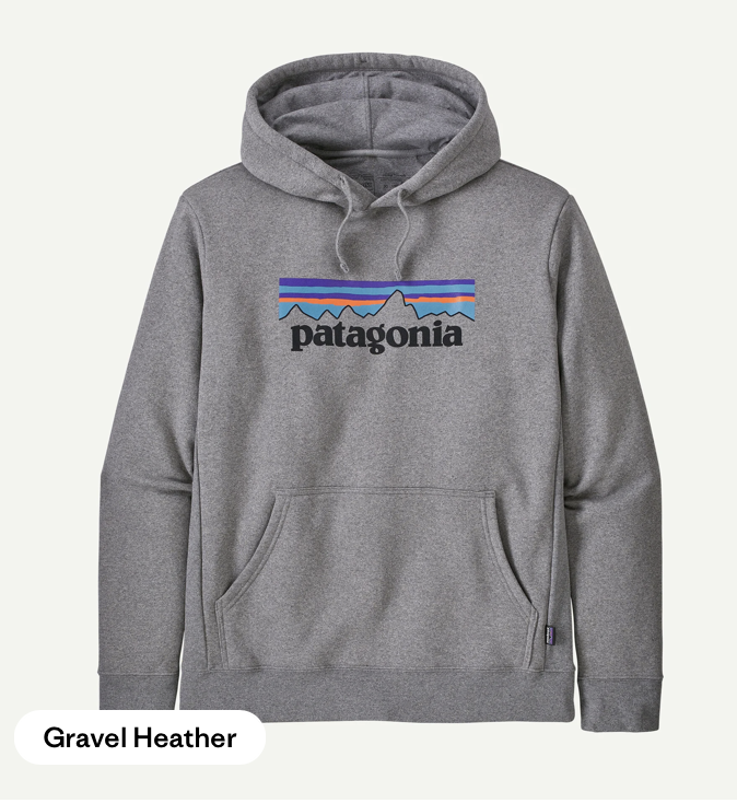 Gray hoodie with Patagonia logo on a white background