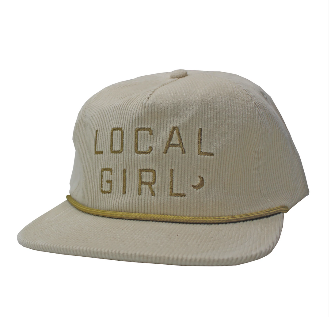 Local Girl Crescent Corduroy Beige Hat with adjustable strap at back.