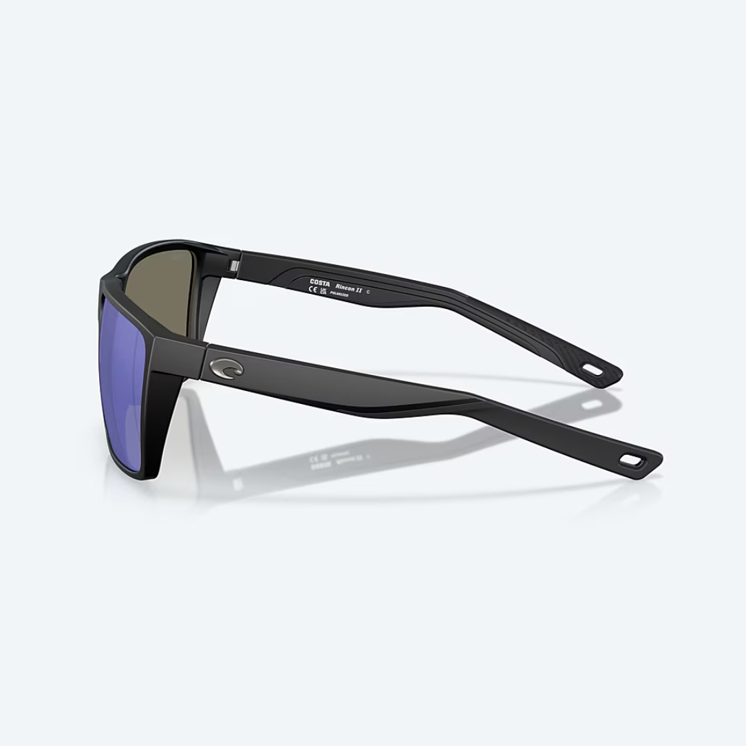 Rincon II Sunglasses, Black sunglasses with reflective lenses on a white background