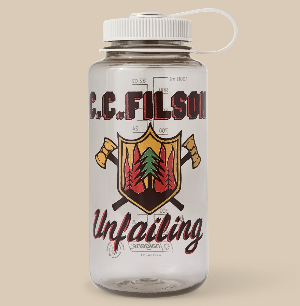 Filson Nalgene 32oz Bottle in white BPA‑free plastic with Filson logo and wide‑mouth screw cap.