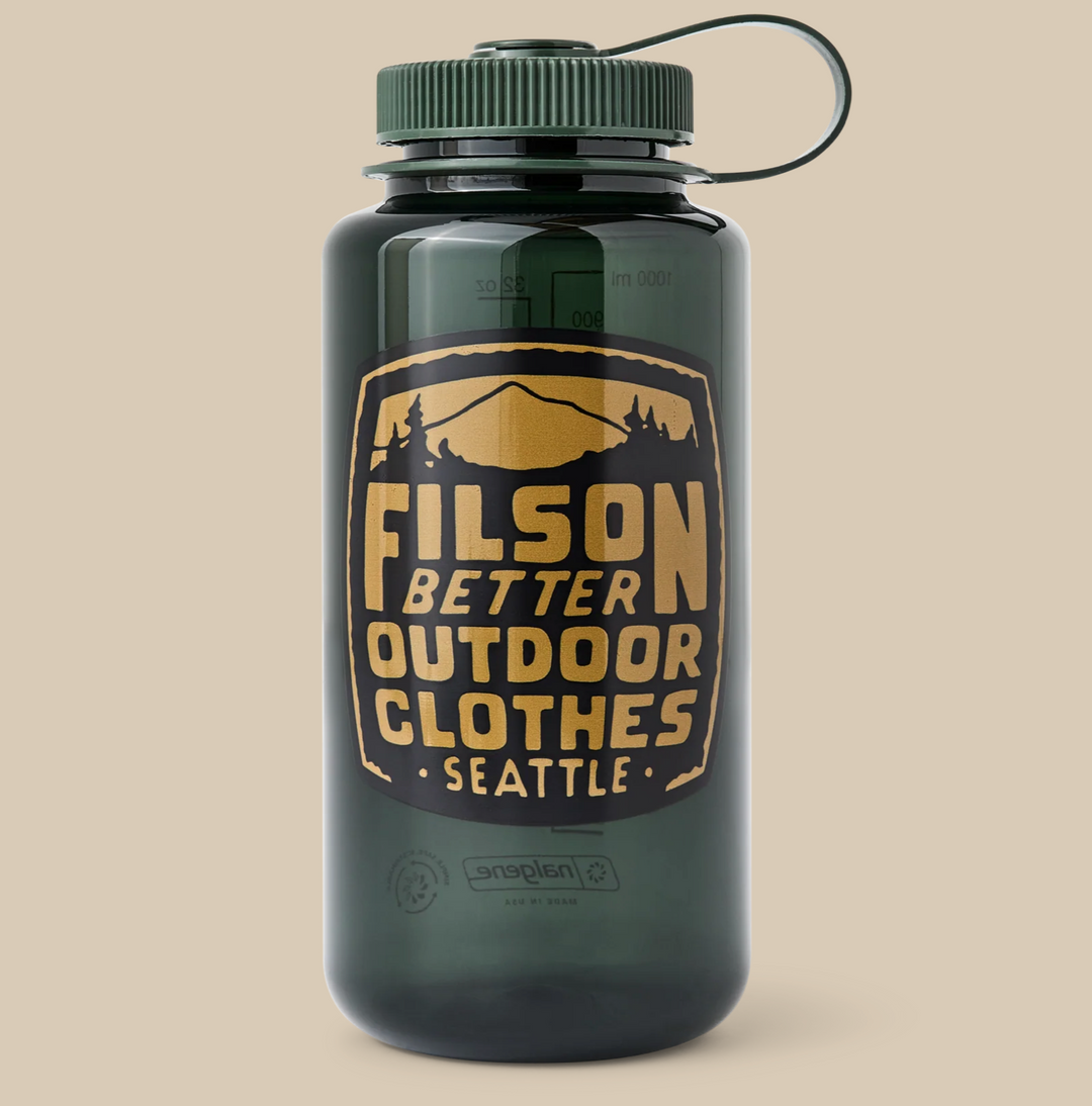 Filson Nalgene 32oz Bottle in green BPA‑free plastic with Filson logo and wide‑mouth screw cap.
