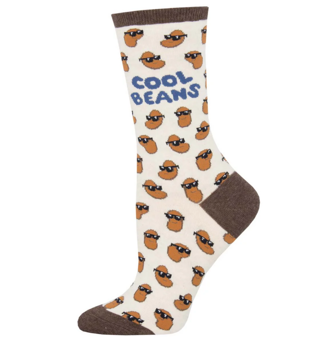 Socksmith Cool Beans crew socks in black with colorful bean pattern, soft cotton blend fabric, and ribbed cuff for secure fit.