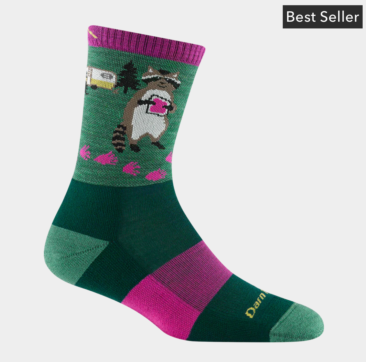 Darn Tough Women’s Critter Club Micro Crew Lightweight Hiking Socks in green with forest critter graphics, ribbed cuff, and merino wool blend.