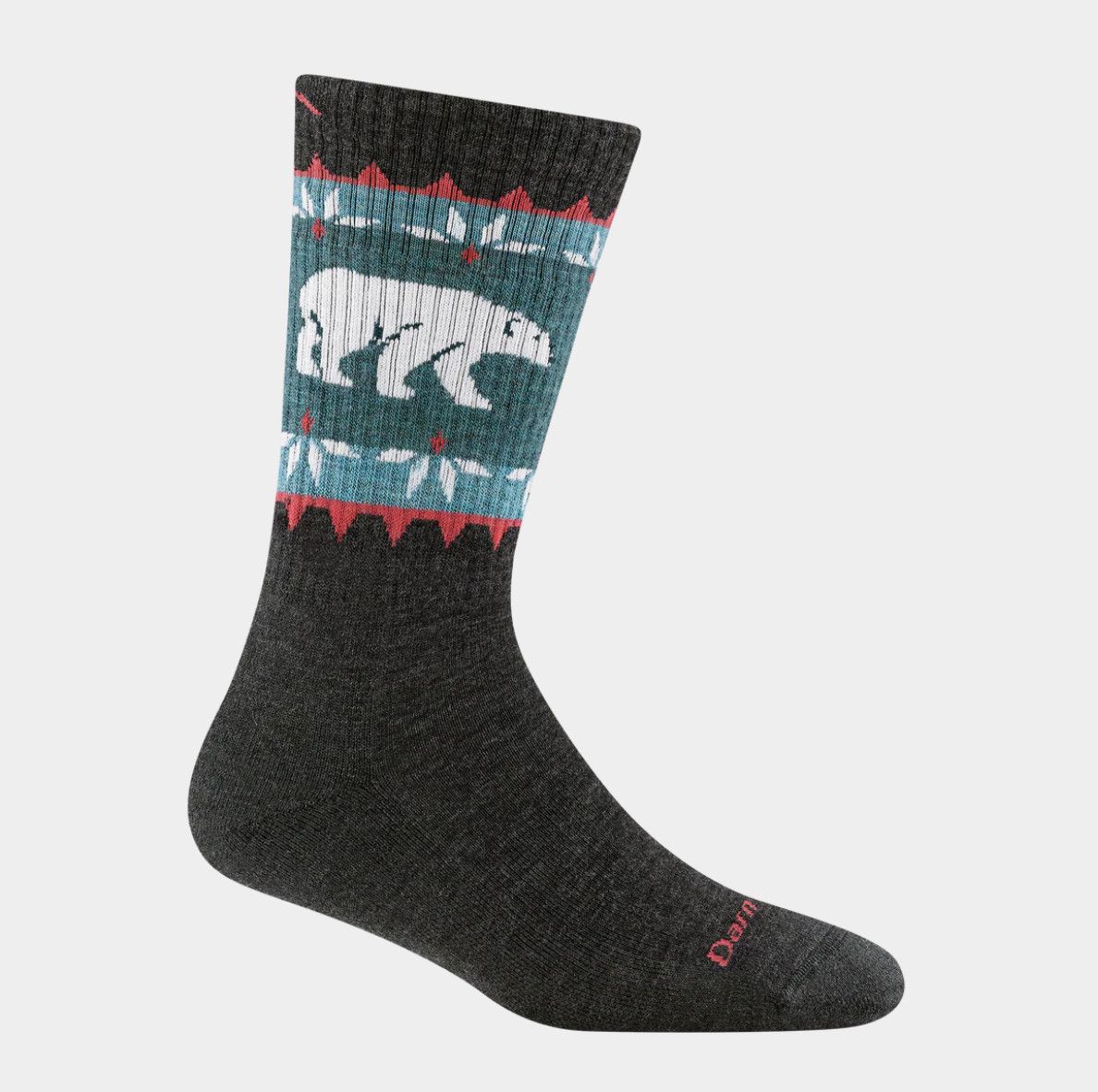 Darn Tough Women’s Vanna Grizzle Boot Midweight Hiking Socks in gray with bear graphic, ribbed cuff, and merino wool blend fabric.