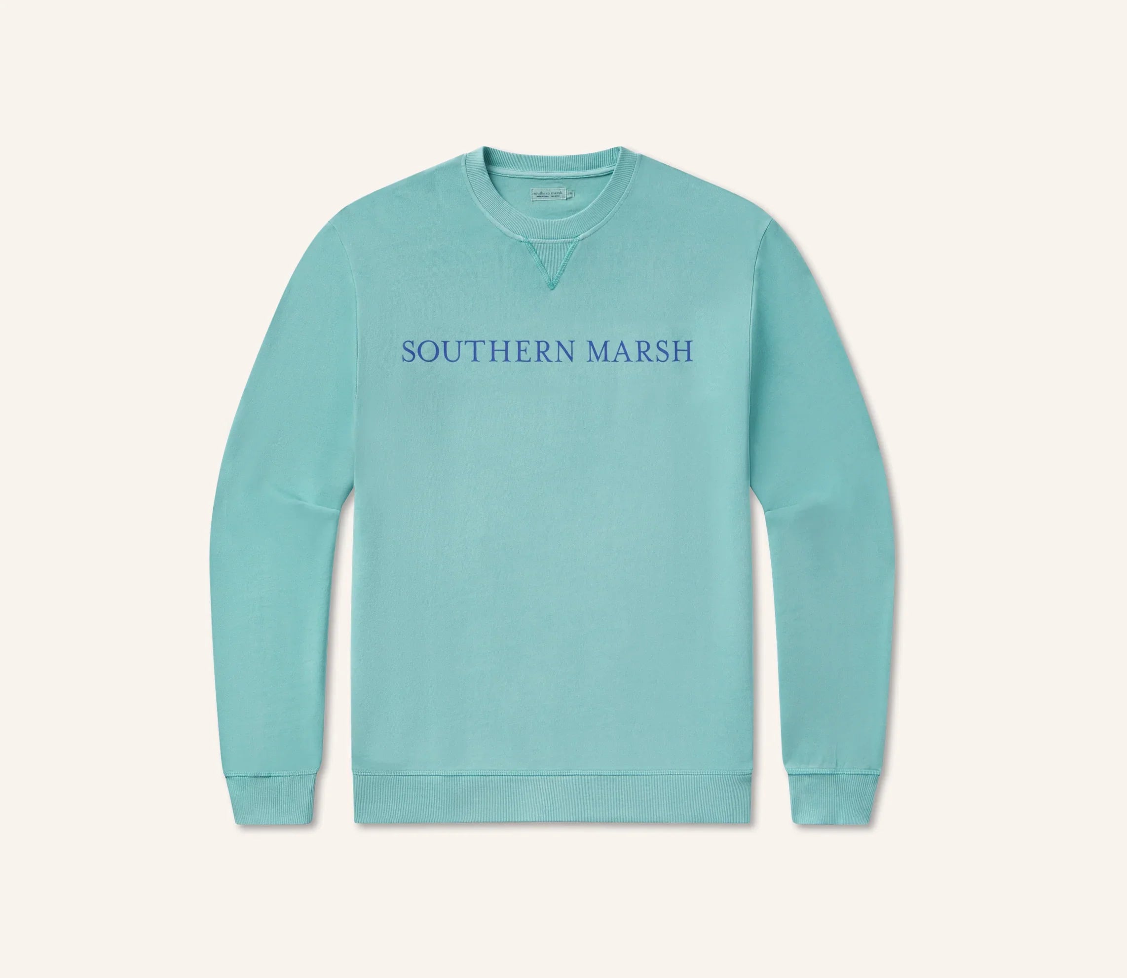 Southern Marsh Seawash Sweatshirt in light blue color, crewneck design with “Southern Marsh” logo across the chest, soft cotton blend fabric for women's casual comfort.