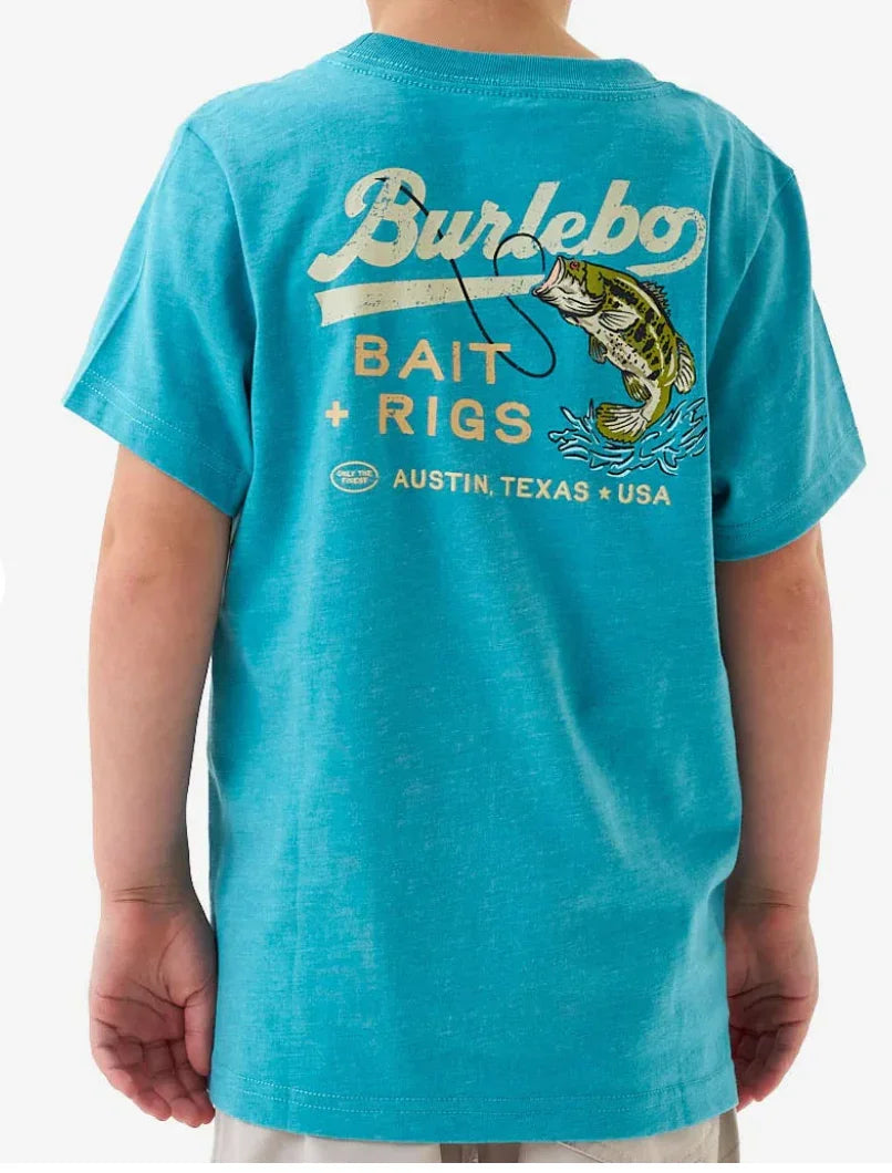 Back View of Blue t-shirt with Burlebo branding and fishing graphic on a white background