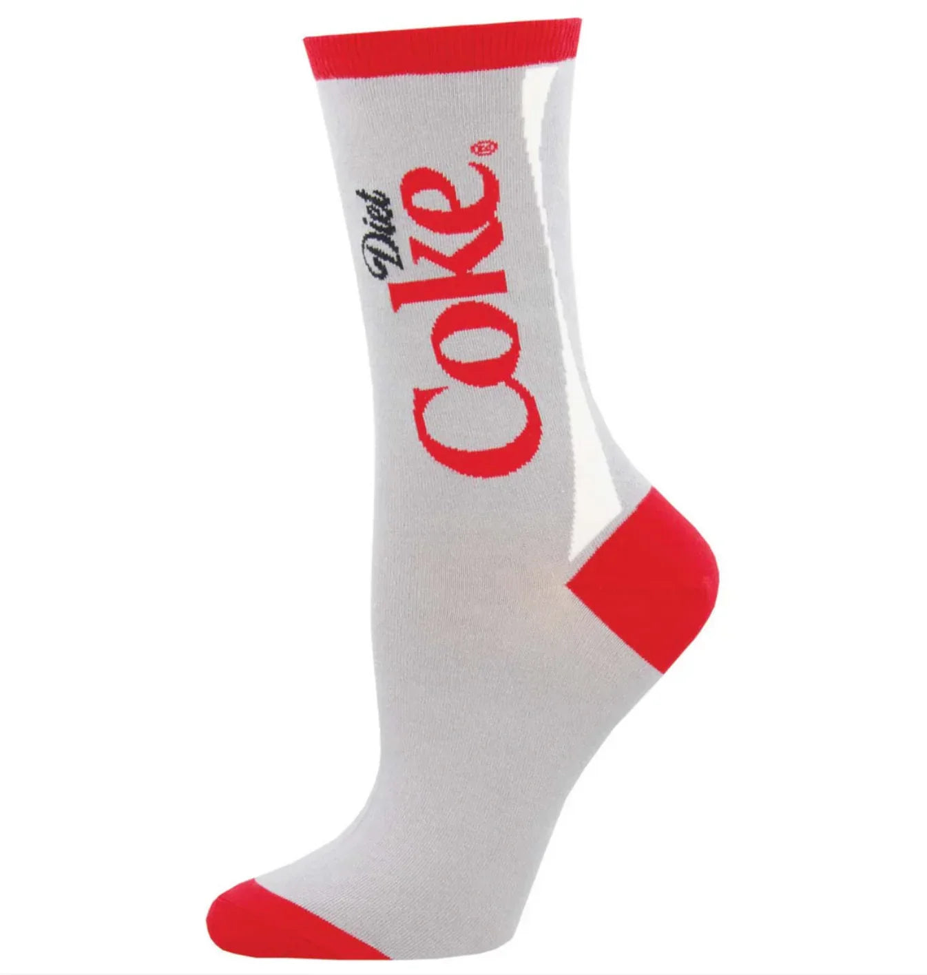 Socksmith Diet Coke crew socks in gray with red and white soda can pattern, ribbed cuff, and soft cotton blend fabric.
