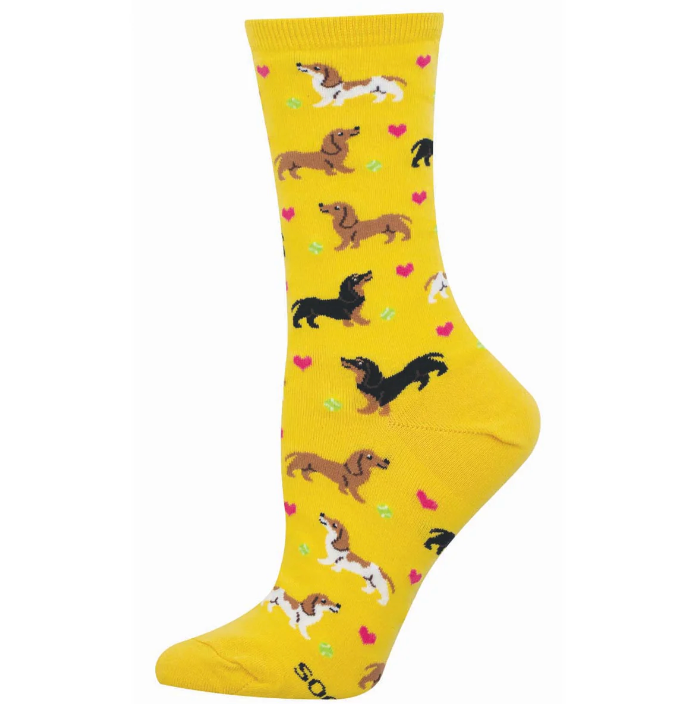 Socksmith Doxie Love crew yellow socks in light blue with playful dachshund pattern, ribbed cuff, and soft cotton blend fabric.