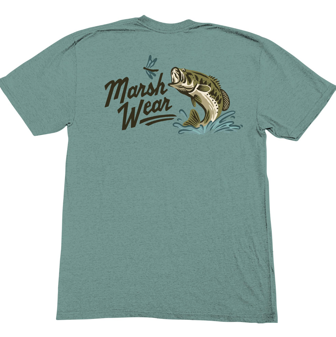 Marsh Wear Youth Heritage Bass Outdoor Cotton Shirt in blue with bass graphic and classic crewneck back view design.