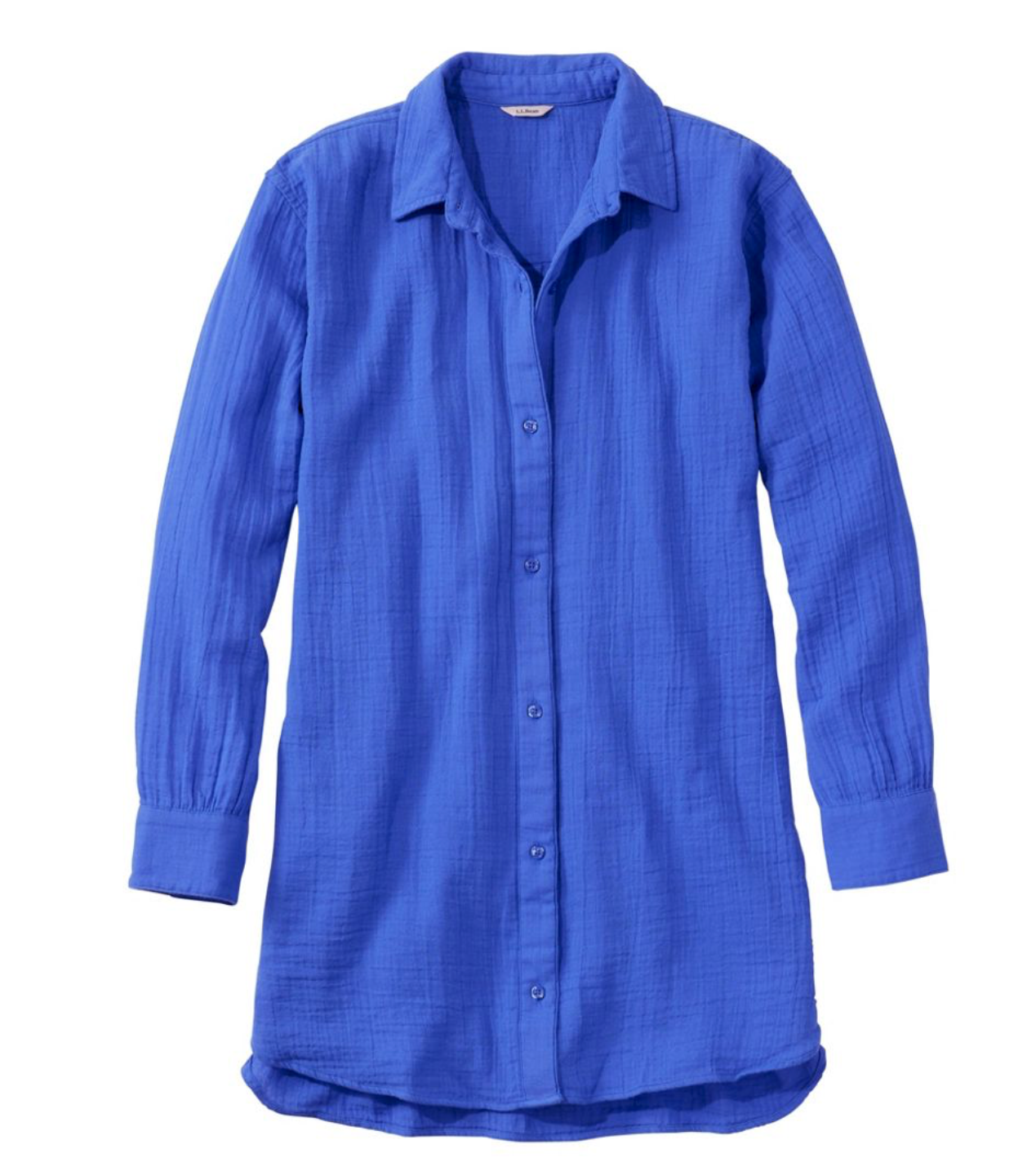 LL Bean Women’s Cloud Gauze Cover‑Up Shirt in white, button‑front design with long sleeves, lightweight gauze fabric for breathable comfort.