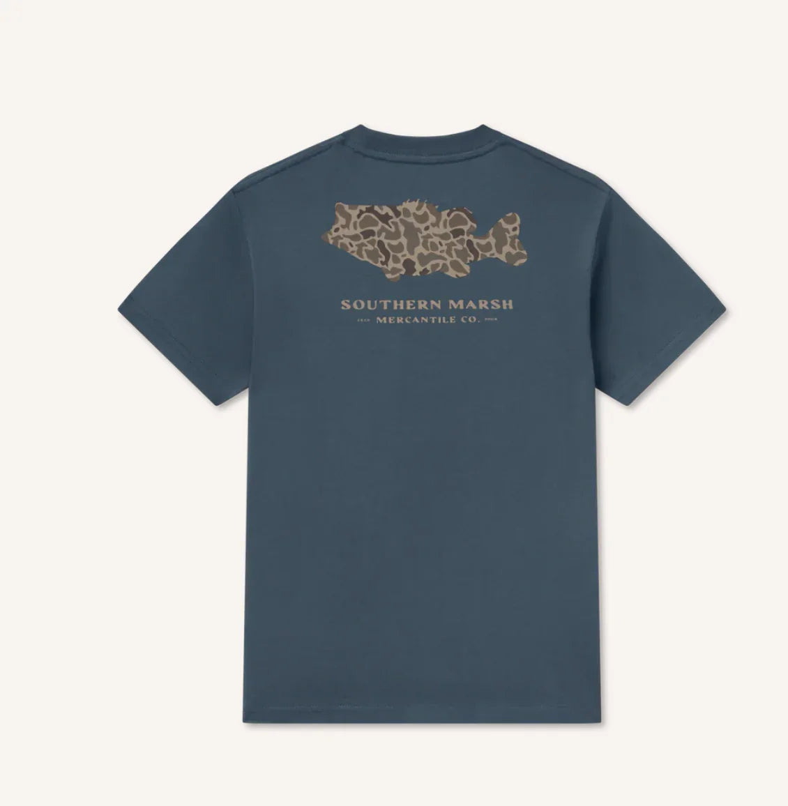 Southern Marsh Youth Camo Bass Short Sleeve Tee in blue with camo bass graphic and classic crewneck design.