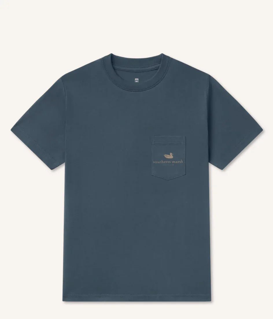 Front view of Southern Marsh Youth Camo Bass Short Sleeve Tee in blue with camo bass graphic and classic crewneck design.