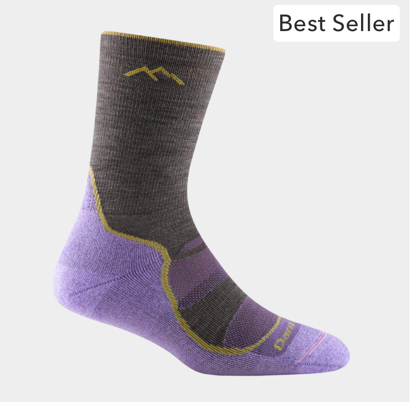 Women’s Light Hiker Micro Crew Lightweight Hiking Sock in purple with patterned design, cushioned sole, and reinforced heel for trail comfort.