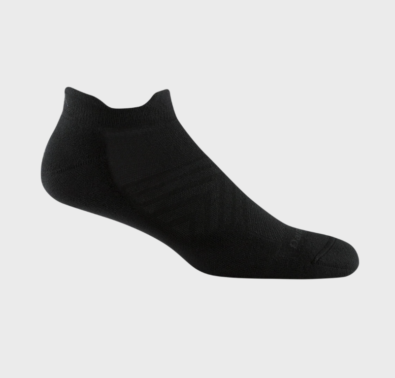 Darn Tough Men's Ultra-Lightweight Running Black ankle sock on a light gray background