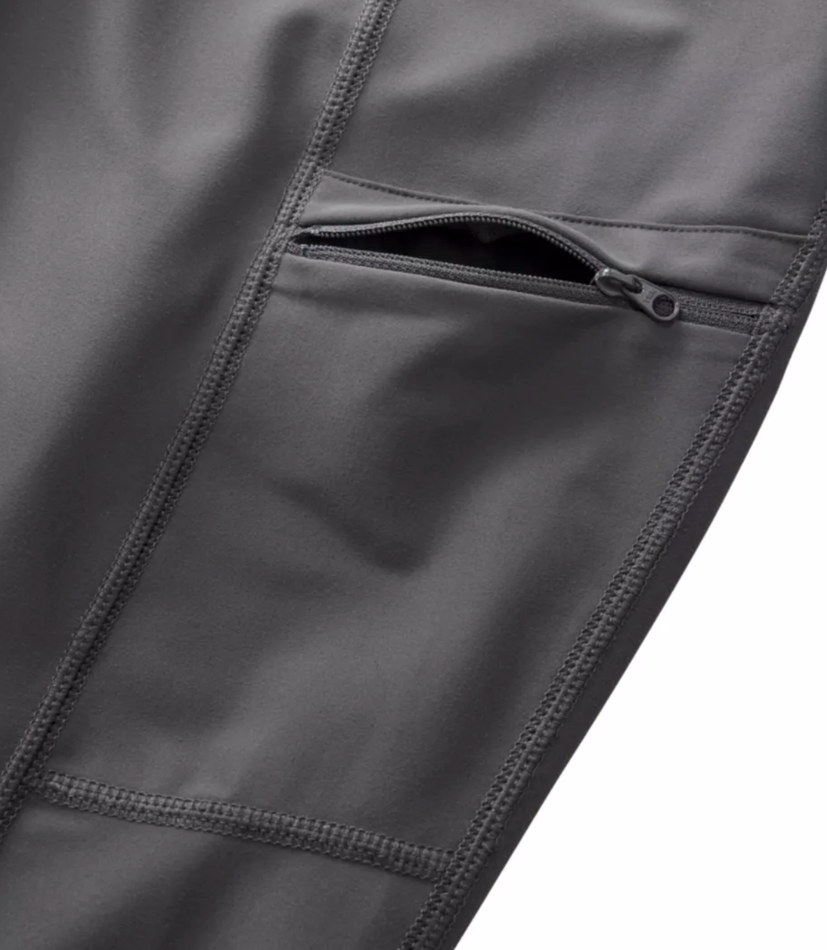 Close-up of a dark gray jacket with a zipper pocket on a white background