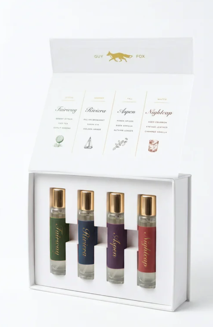 Guy Fox Unisex Perfume Travel Set Signature Scent On the Go- Set of four small bottles with gold caps in a white gift box