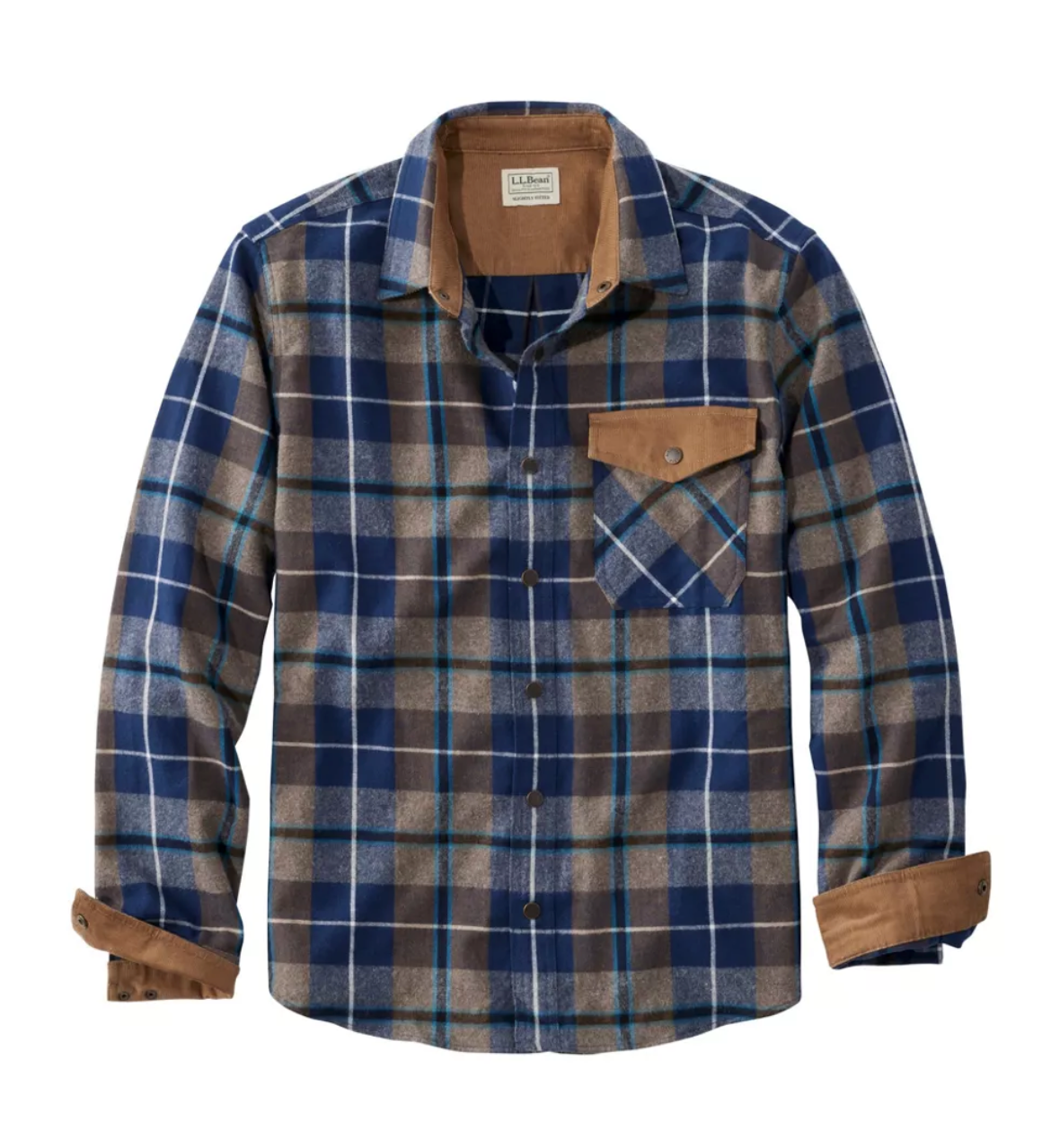 LL Bean Men's Scotch Plaid Flannel Shirt, Snap-Front, Slightly Fitted Untucked Fit